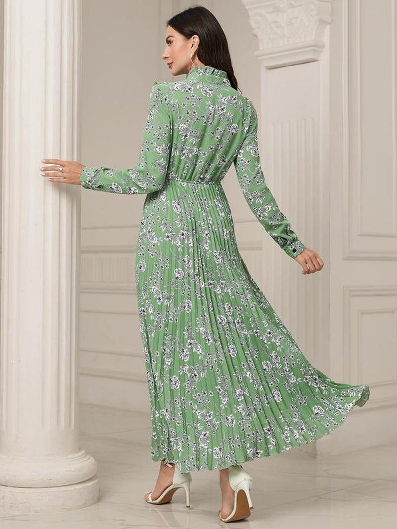 Women'S Floral Print Tie Neck Long Sleeve Vintage A-Line Dress, Summer Clothes Women, Elegant Flared Long Maxi Dresses for Spring & Fall, Women Clothing